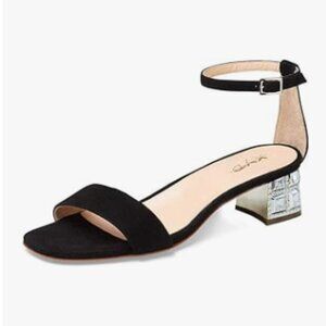 XYD Black Open Toe Strappy Sparkly Block Low Heel Ankle Strap Buckled Sandal